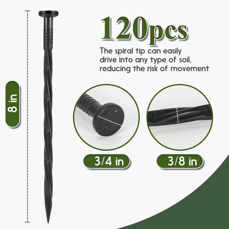 Garaook Landscape Edging Stakes, 120 Pcs 8" Plastic Garden Spikes, Spiral Nylon Anchoring Spikes for Paver Edging, Weed Barriers, Artificial Turf, Tent, Grass Pathway and More, Black - Image 4